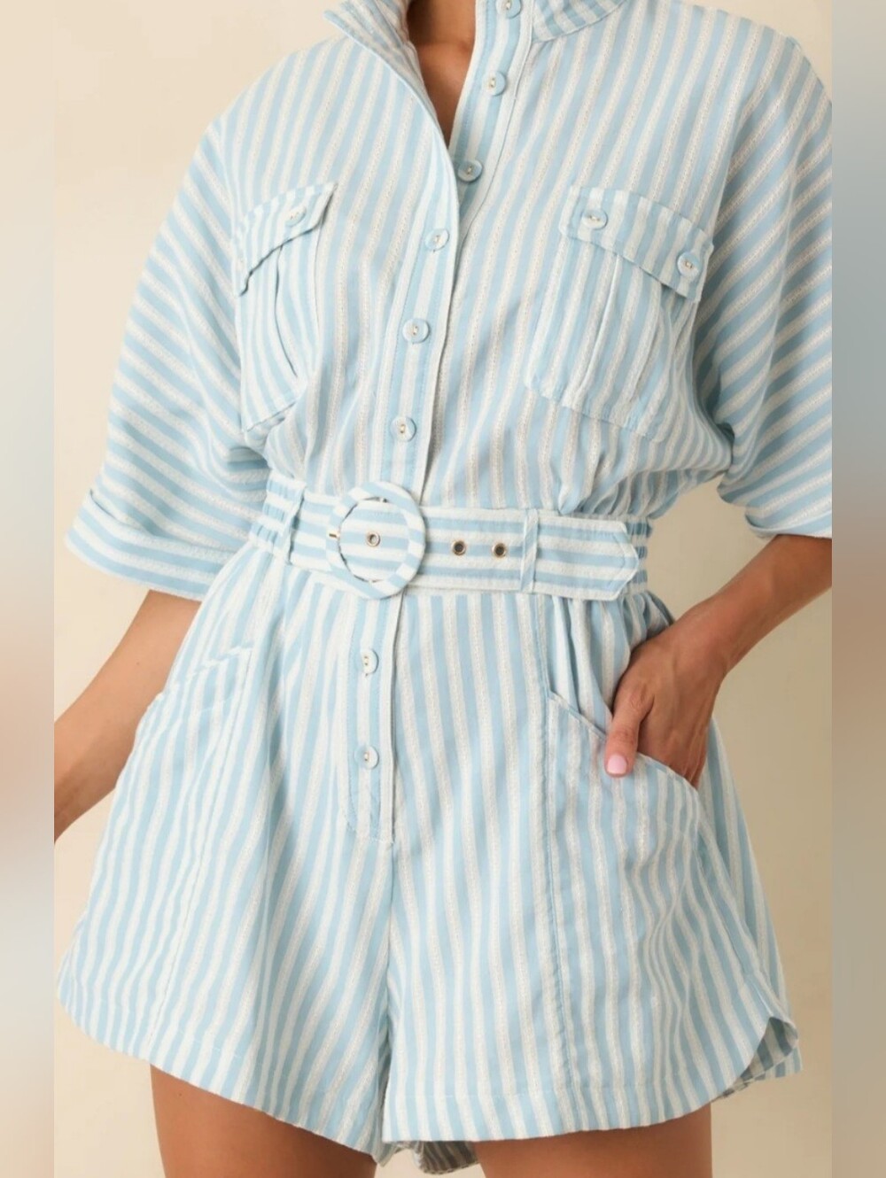 Striped Light Blue & White Belted Romper